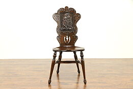 Oak 1900 Antique Chair, Embossed Leather Courting Couple Panel, Phoenix #31189