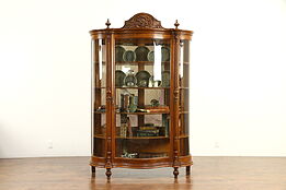 Victorian Carved Oak Antique 1900 Curved Glass China or Curio Cabinet #31573