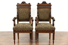 Pair of Italian Carved Antique Hall or Library Chairs, New Upholstery