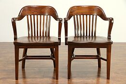 Pair of Walnut Antique Banker, Library or Office Chairs B  #30418