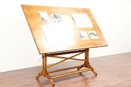 Drafting Artist Desk, Vintage Oak & Pine Drawing or Wine & Cheese Table #29375