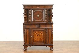 English Tudor Style Antique China or Bar Cabinet, Marquetry Panel #30950