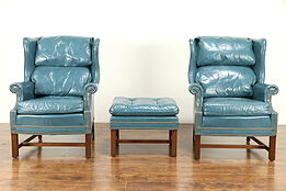 Pair of Leather Vintage Wing Chairs & Ottoman, Brass Nail Head Trim  #31117