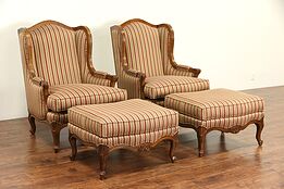 Hancock & Moore Signed Pair Wing Chairs & Ottomans, Custom Upholstered Set