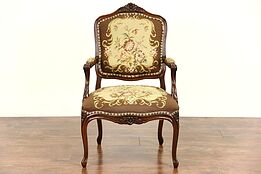 French 1930 Vintage Hand Carved Fauteuil Chair, Hand Stitched Needlepoint
