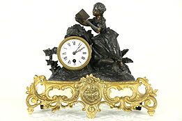French Antique 1880's Bronze & Marble Mantel Clock, Pewter Statue of a Girl
