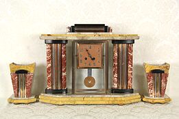 French Art Deco 1925 Antique 4 Color Marble Clock Set 3 Pc.