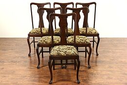 Set of 6 Oak 1900 Antique Carved Paw Foot Dining Chairs, New Upholstery