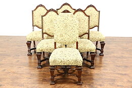 Renaissance Carved Set of 6 (5+1) Antique 1920's Dining Chairs, New Upholstery
