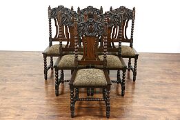 Set of 6 Oak Carved 1900 Antique Scandinavian Dining Chairs, New Upholstery