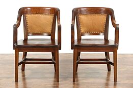 Pair of Antique Mahogany & Leather Banker Chairs, Signed Lome, Chicago
