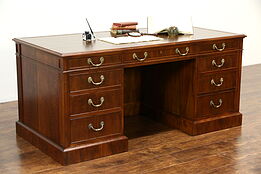 Traditional Vintage Custom Walnut Executive Office Desk, Tooled Leather Top
