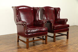 Traditional Vintage Leather Pair of Wing Chairs, McKinley by Hickory  #31486