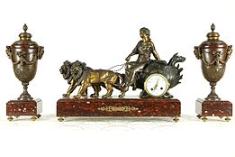 French Red Marble Antique Mantel Figural Clock Set, Lions & Chariot Signed Paris