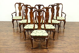 Set of 8 Traditional Cherry Dining Chairs, New Upholstery, Signed Hekman #28851