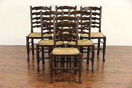 French Set of 6 Oak Rush Seat 1930's Vintage Country Dining Chairs