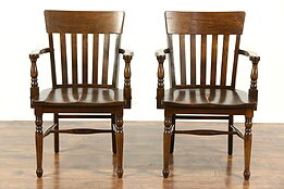 Pair 1920 Antique Curved Back Birch Banker, Office or Library Chairs with Arms