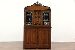 Oak 1900 Antique Mystery Linen or Collector Print Cabinet, Leaded Glass Doors