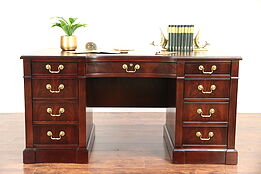 Mahogany Vintage Library Desk, Gold Tooled Leather, Signed Hekman #30033