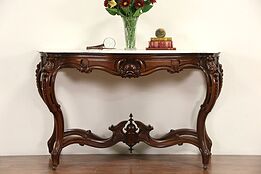 French Rosewood Antique 1870's Hall Console Table, Marble Top