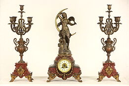 French 1890's Antique Marble Clock Set, Phoebe Sculpture Signed Bruchon