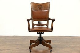 Oak & Leather Swivel Adjustable Antique Desk Chair, Signed Crocker Sheboygan
