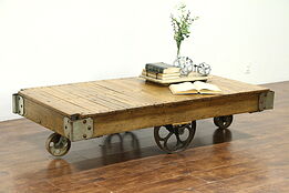 Industrial 1900's Antique Oak Railroad Cart or Coffee Table, Iron Wheels #28858