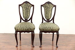 Pair Carved Art Nouveau 1900 Antique Side Chairs, New Upholstery #29623