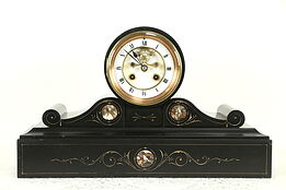 French Black Marble Antique 1880 Mantel Clock, Open Escapement, Mougin #31498