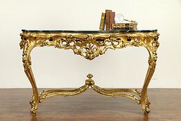 Italian Vintage Baroque Carved Gold Leaf Console Sofa Table, Marble Top #31875