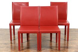 Set of 4 Red Leather Dining or Game Table Chairs, Signed Maria Yee, CA