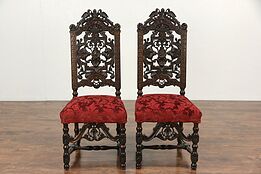 Pair of Italian Renaissance Antique 1890 Chairs, Carved Birds & Faces