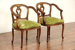 Pair Carved Walnut Italian 1920's Chairs with Arms, Nailhead Trim