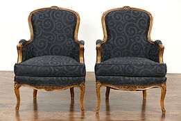 Pair Country French Carved Fruitwood Vintage Chairs, New Upholstery