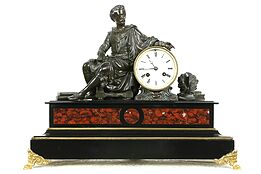 Shakespeare Bronze Sculpture Antique French Marble Signed Mantel Clock