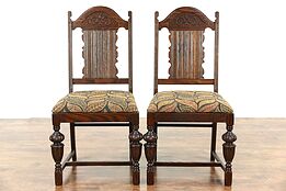 Oak Pair English Tudor 1920's Antique Dining or Side Chairs, New Upholstery
