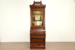 Victorian Eastlake Antique Cylinder Roll Top Secretary Desk & Bookcase #30949