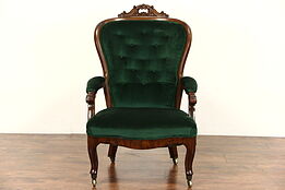 Victorian 1860 Antique Carved Walnut Large Gents Chair w/ Arms, Green Velvet