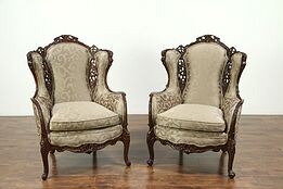 Pair of Carved Music Room Wing Chairs with Figures, 1940 Vintage, New Upholstery