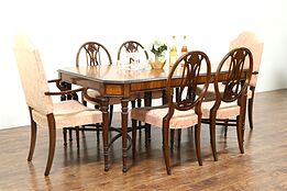 Marquetry Inlaid Satinwood Antique Dining Set, 6 Chairs, Table, 3 Leaves