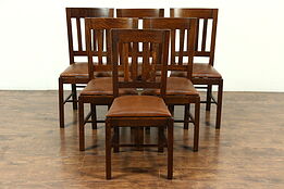 Set of 6 Arts & Crafts Mission Oak Antique Craftsman Dining Chairs, New Leather