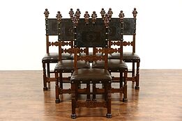 Set of 6 Italian Carved Walnut & Tooled Leather 1890's Antique Dining Chairs