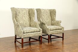Pair of Vintage Mahogany Wing Chairs, New Upholstery #31772
