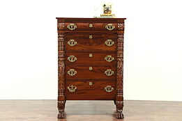 Empire 1840's Antique Mahogany Tall Chest, Carved Acanthus & Lion Paw Feet