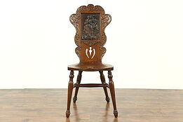 Victorian Oak Antique 1900 Chair, Leather Panel of Courting Couple