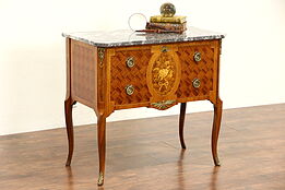 Scandinavian Marble Top Vintage Silver, Jewelry or Collector Chest, Marquetry
