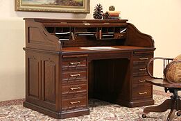 Oak Victorian Antique Roll Top Desk, Raised Panels, Leather Top, Signed Andrews