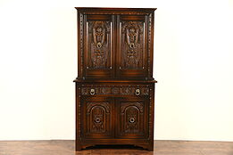 English Tudor 1925 Antique Carved Oak Bar or China Cabinet, Signed Life Time