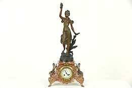 French Antique 1900 Marble Mantel Clock, Daisy Sculpture Signed Guillemin