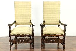 Pair of  Carved Antique Hall, Throne or Host Chairs, New Upholstery #28817